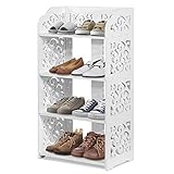 Schuhregal 4 Ebenen, Geschnitzter Schuhschrank für bis zu 12 Paar Schuhe, Weißer Eckschuhschrank für Wohnzimmer, Flur und Ankleidezimmer, 40 x 22.9 x 71 cm