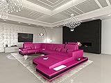 Sofa Wohnlandschaft Messana U Form Leder - mit LED Beleuchtung, verstellbare Kopfstützen, Recamiere/Lederfarben wählbar/Ausrichtung Ottomane wählbar (Ottomane rechts, Pink-Schwarz)
