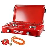 WALTER Duo Campingkocher mit 2 Brennern, stufenloser Regelung & kompaktem Design – Ideal für Campingausflüge und Outdoor-Abenteuer, einfach zu bedienen, kompaktes Design, 2 Flammen Gask