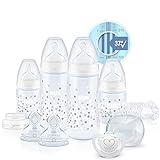 NUK First Choice+ Perfect Start Babyflaschen Set | Erstausstattung mit 4 Temperature Control Anti-kolic Babyflaschen (2x 150ml & 2x 300ml), Flaschenbürste & mehr | BPA-frei | 0-6 Monate | weiß