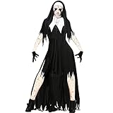 Briskorry Damen Halloween Kleidung Nonne Kleid Set Gothic Kleid Damenmode Schwarzes Kleid Maskerade Vampir Evil Party Uniform Zombie Nonne Kleid Set Kleid + Hut + Handschuhe + Halskette