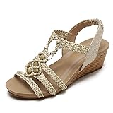 FRTG Damen Sandalen Sommer Knöchelriemen Retro gewebt Perlen römische Schuhe,Apricot,39