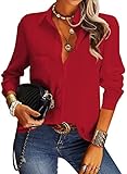 NONSAR Damen Bluse Elegant V-Ausschnitt Hemden Langarm Casual Arbeit Oberteile mit Knöpfen Hemd Lose Langarmshirt Einfarbig Tops（9337L,Rot）