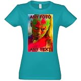 JINTORA - T-Shirt Damen personalisiert - türkis - M - selbst gestalten mit Foto und Text - beidseitig individuell Bedruckt - Tshirt Bedrucken L