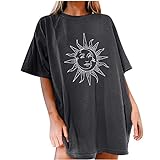 BUDAA Vintage T-Shirts für Frauen Sonne und Mond Gedruckt Muster Casual Kurzarm Tops Bluse Basic Shirt Sommer Tops, grau, Small