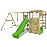 FATMOOSE Klettergerüst Spielturm ActionArena mit Schaukel & apfelgrüner Rutsche, Gartenspielgerät mit Leiter & Spiel-Zubehör