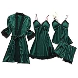 2024 - Nachts Seide Frauen Nachtkleid Spitze Gürtel Schlafanzüge Set Unterwäsche Kinderpuppe Dessous Body Mit Hülle (Army Green, L)
