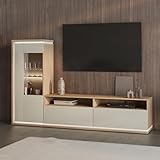 Wohnwand Wohnmöbel Eiche Kaschmir 2-teilig Modern, 1 Vitrine, 1 Lowboard inkl. Beleuchtung