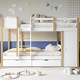 Doyisy Etagenbett, Kinderbett, mit dreistufiger Leiter, 2 Schließfächer, Zwei Schubladen mit Rollen, Kiefer+MDF, Weiß+Natur, 90x200