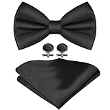 URAQT Herren 3-teilige Klassische Einfarbig Fliegen mit Einstecktuch Manschettenknöpfe für Männer, Smoking Fliege Schleife mit Haken, Schmale Bow Tie für Hochzeit Party (Schwarz)