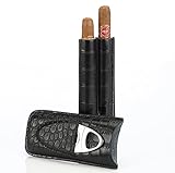 Zigarrenetui aus Leder, für 2 Zigarren, mit Schneider-Set, perfekte Größe für Hemdtaschen, Golfwagen oder Reisen, Schwarz