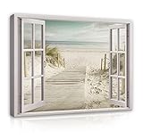 Bilder Fensterblick Meer Strand - Modern Canvas Leinwandbild XXL Illusion Fenster Schlafzimmer Wohnzimmer Wandbild Kunstdruck Wandbilder Wand Bild auf Leinwand Aufhängefertig (14048, 100x75 cm)