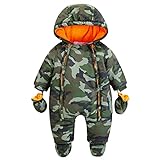 Minizone Baby Overall Mit Kapuze Winter, Jungen Strampler mit Handschuhen und Füßlinge, Warm Schneeanzüge Baby Kleidungsset 9-12 Monate
