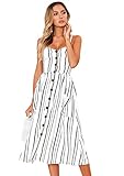 Yming Frauen V-Ausschnitt Kleid Ärmelloses Sommerkleid Streifen Druck Kleid Weiß 3XL
