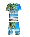 URVIP Unisex 3D Strand Kokosnuss Bedruckte Shorts und Kurzarm T-Shirt Set 2 Teile Set Outfits Hawaii Sommer Shorts Badehose Anzüge Multi-07 L