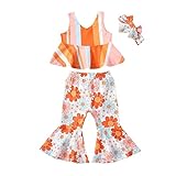 Mädchen-Baby-Kleidung Kleinkind Anzug Sommer ärmellose Blumendruck Weste Tops ausgestellte Hosen Stirnbänder 3er Sets Outfits (Orange, 2-3 Years)