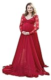 FEOYA Umstandskleid Lang Schwangerschaftskleid V-Ausschnitt Maxi Kleid Chiffonkleid Schwangere Hochzeitskleid Abendkleid Rot - Größe XL