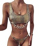 XUNHOU Damen Badeanzug Beachwear Konzeptionelle,Sexy Metallketten-Bikini,einfarbiger Split-Badeanzug mit Pailletten-Gold_M,Stil Strand Schwimmen Kostüm