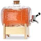 KADAX Fass mit Hahn, fassförmiger Getränkespender aus Glas 1-3L, Fass mit Zapfhahn, transparenter Spender mit Holzuntersatz, Alkoholspender ideal für Whisky, Brandy, Säfte, Limonade (1L)