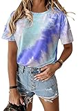 Yming Damen Kurzarm Shirt Basic Tie Dye Tops Bedrucktes Sommer T-Shirt Blau M