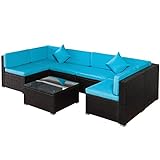 HMEI 14 Stück Rattan-Möbel-Set, Outdoor-Wicker-Patio-Konversation-Sofa mit Tisch und blauem Kissen for Hinterhof Pool-Rasen-Garten-Garten