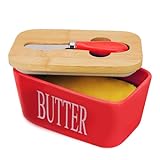 Butterdose mit Deckel, Chasechic Ceramic Butter Keeper mit Deckel und Messer, 500ML luftdicht große Porzellan Butterbehälter Halter, Rot