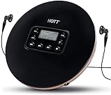 HOTT 711T Wiederaufladbarer tragbarer Bluetooth 5.0 CD Player für zu Hause, Reisen und im Auto mit Stereo-Kopfhörern und Anti-Erschütterungsschutz - Schwarz