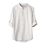 Zarupeng Herren Shirt Hemd Klassischen Chinesischen Stil Kung Fu Shirt Tops Tang Anzug Einfarbig 3/4 Ärmel Leinen Bluse Buddha Leinenhemd (3XL, Weiß)