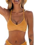 CUPSHE Damen Bikini Oberteil Neckholder V Ausschnitt Lace Up Textur Bademode Spaghettiträger Bikini Top Ginger Yellow M