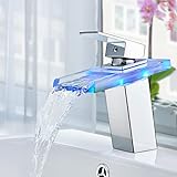 Auralum LED Glas Wasserhahn Wasserfall Waschtischarmatur Bad Armatur Waschbeckenarmatur Einhebelmischer Badarmatur mit 3 x Farbewechsel Beleuchtung für Badezimmer