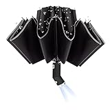 Umgekehrter Regenschirm mit LED-Licht Winddichter Faltschirm 12 Rippen Auto Open Close Golf Regenschirm mit Nachtreflexstreifen(Black)