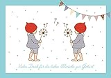'Vielen Dank für die lieben Wünsche zur Geburt' Dankeskarte zur Geburt für Jungen Zwillinge (Babykarte/ Zwillings Baby / Klappgrußkarte) mit 2 Wichtelmännchen und Girlande in Blau. (Mit Umschlag) (8)