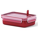 Emsa Mikrowellendose Clip & Micro 517772 | Mikrowellenventil | 0,8 L | Lunchbox | Integrierte Maßeinteilung | Made In Germany | Rot/ Transp