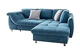 lifestyle4living Ecksofa mit Schlaffunktion in Blau mit großen Rücken-Kissen und Zierkissen, Microfaser-Stoff | Gemütliches L-Sofa mit Longchair im modernen Look