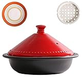 HIAQIMEI Marokkanischer Tajine-Topf mit rotem Deckel, Keramik-Auflauf-Eintopfpfanne Gesunder Topf Irdener Topf zum Schmoren Kochen Schwarz 0,73 Quart
