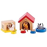 Hape Haustiere für die ganze Familie aus Holz für Puppenhäuser von Hape | Ergänzung mit den fröhlichen Tierfreunden Hund, Katze, Kaninchen und Zubehör