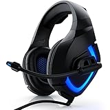 CSL - USB Gaming PC Headset mit Mikrofon - Kabelfernbedienung Externe Soundkarte - Mikrofon flexibel einklappbar - für Gaming Musik Internet-Telefonie - LED-Beleuchtung - für PC M