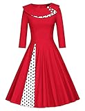 JIER Damen 50er Jahre Vintage Langarm KleidRockabilly Kleid Knielang Festlich Kleid Faltenrock mit Gepunkt Elegant A-Linie Petticoat Kleid Cocktailkleid (Rot,XX-Large)