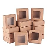 BENECREAT 24 Packungen Quadratische Kraftpapier Schubladenboxen mit Fenster 6,5 x 6,5 x 3 cm Papier Geschenkboxen für die Aufbewahrung von Bäckereipartys