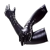 Rubberfashion Wetlook Handschuhe Damen lang glänzend - lange sexy wet look Abendhandschuhe für Domina und Catwoman Outfit/Kostüm oberarmlang schwarz metallic XL