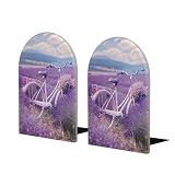 Lavender Field Retro Bike Landwirtschaft bedruckte Holzbuchstützen – große Größe, 2 Stück, Buchhalter und Ständer für Zuhause, Schule, Büro, Bibliothek