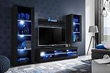 Komodee Wohnwand Wohnzimmerset Tivoli Medio, Schwarz/Schwarz, Breite 245cm x Höhe 159cm x Tiefe 35cm, LED Blau, für Wohnzimmer, S