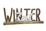 GILDE Schriftzug Winterzeit auf Holz-Base in Aluminium und Mango-Holz, Natur, Silber L=7,5 cm B= 43,5 cm H= 16,5 cm 23542
