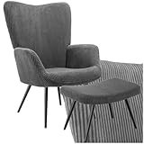 tectake® Skandinavischer Stil Ohrensessel, Sessel Hygge mit Hocker, Breitcordbezug, Sessel Wohnzimmer, Schlafzimmer, Esszimmerstuhl, Statement Loungesessel, belastbar bis 150 kg - anthrazit/schw