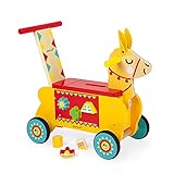 Janod J08004 Lama-Reittier aus Holz für Kinder, leise Räder, Staufach und 6 Klötze, Gleichgewicht lernen, für Kinder ab 1 Jahr, gelb und rot