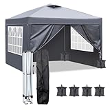 LEADZM Pavillon 3x3m Pop-up Faltpavillon,Höhenverstellbar,Entlüftung,UV Schutz 50+,mit 4 Seitenteilen und 4 Sandsäcke,Dunkelg