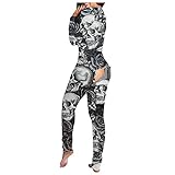 Rifuli Jumpsuit Damen Langarm Overalls Funktioneller Schlafanzug Baumwolle Halloween Print Pijama Onesie mit Knopfleiste vorne Button down Hausanzug (Black, L)