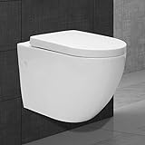 ECD Germany Hochwertiges Spülrandloses Hänge WC lang Weiß, Toilette aus Keramik mit Antibakterieller Oberfläche, Abnehmbarer WC Sitz aus Duroplast mit Absenkautomatik Softclose, Wand-WC Tiefspül-WC