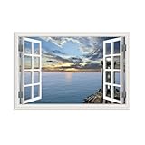 RXNHGJDS Leinwandbild Mit Rahmen Fensterblick Meer,Sonnenuntergang Leuchtturm Natur Ozean,Fensterblick Bilder auf Leinwand Meer Bilder Schlafzimmer Meer 60x40cm(24x16in) p