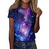 Warehouse Deal Retourenware, Galaxy Kostüm Galaxy Shirt Damen Kurzarm Rundhalsausschnitt 3D Galaxy Rundhals Kurzarm T-Shirts Galaxie Bedrucken Streetwear Modische Kostüm Weltall (Purple,XL)